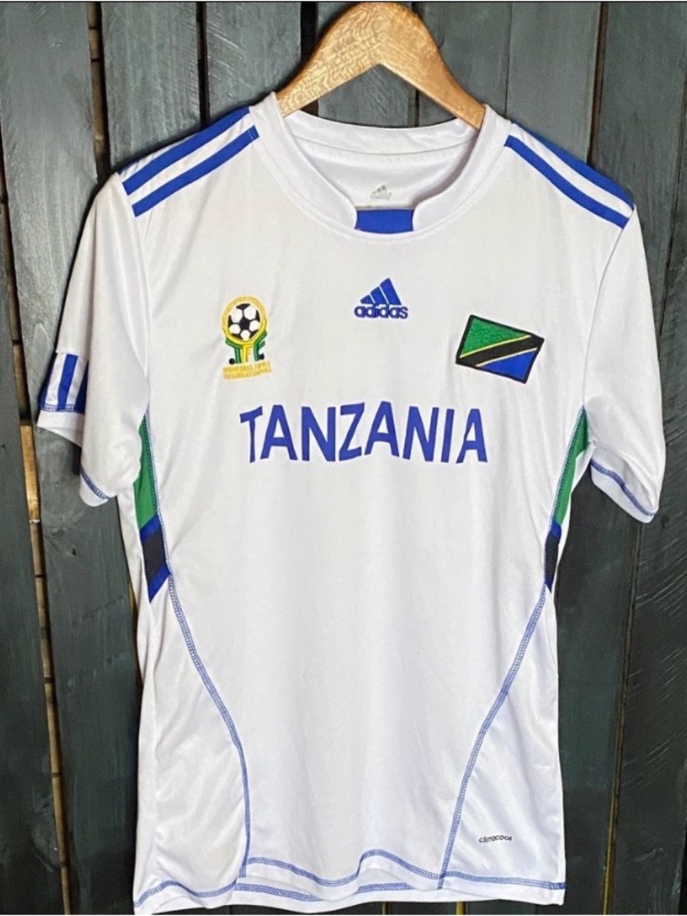 Adidas White Tanzania Soccer jersey small white, Blue and Green embroidered